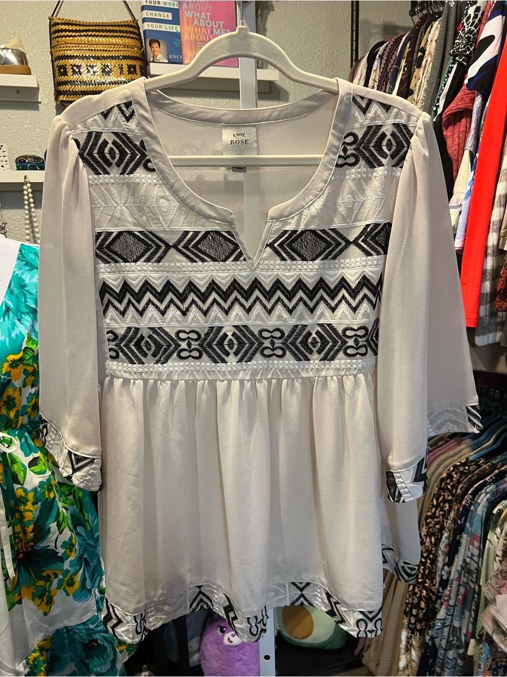 Knox Rose Sheer White Top with Black Geometric Embroidery